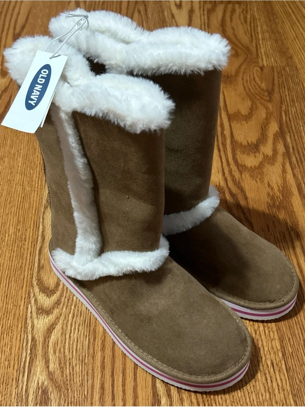 NWT Old Navy Tall Tan Cozy Boots Faux Suede Material Fur Lined Girl's Size 4